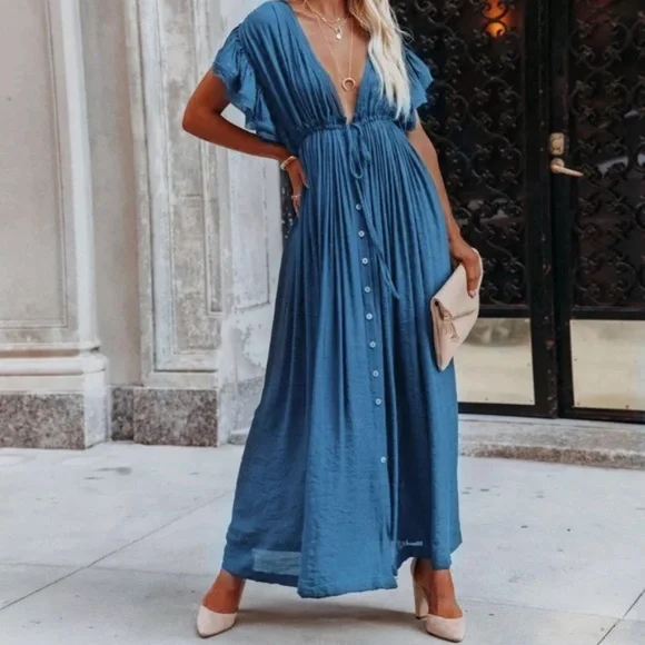SOLD OUT Blue Gauze Boho Button Maxi Dress - Picture 8 of 9